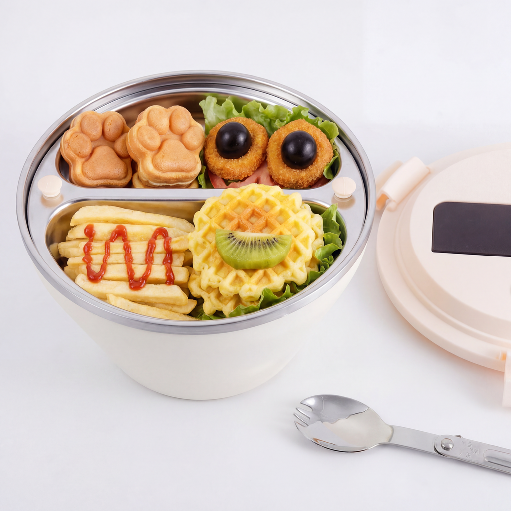 Kids Insulated Bento Salad Box – 304 Stainless Steel, 2-Layer Lunch Container with Compartments, Spoon & Thermal Bag