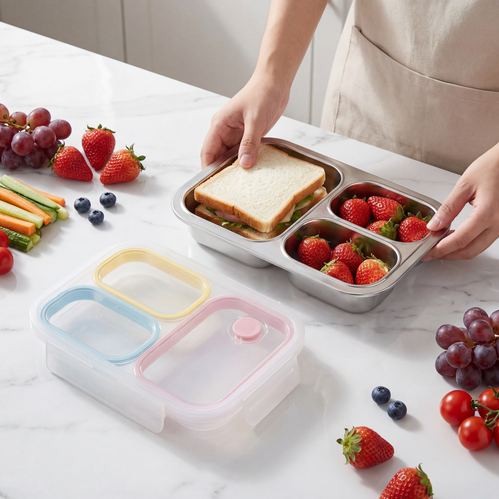 Kids Stainless Steel Bento Box (316) – 3 Compartments, Leakproof Lunch Box with Silicone Seal & Vent Lid