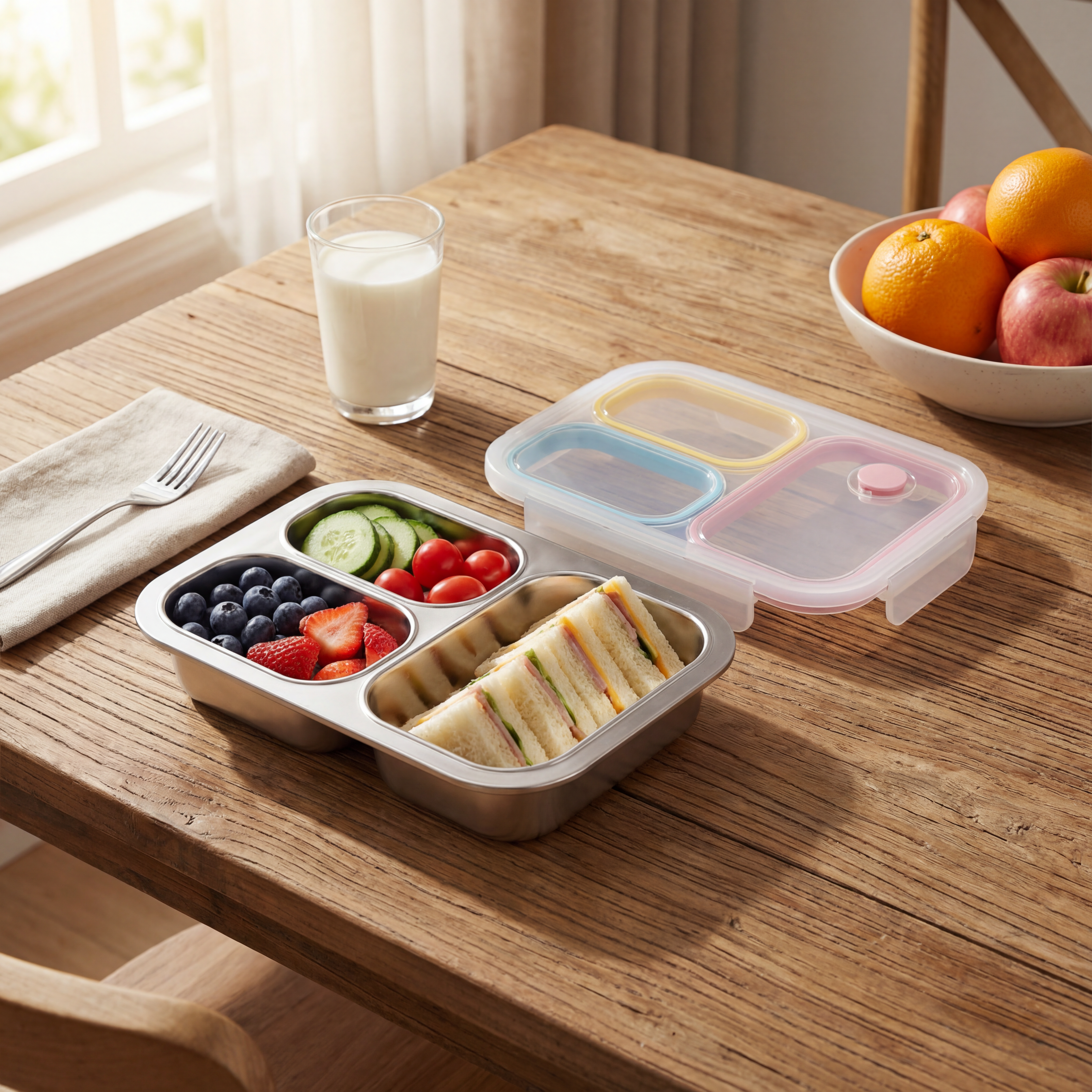 Kids Stainless Steel Bento Box (316) – 3 Compartments, Leakproof Lunch Box with Silicone Seal & Vent Lid