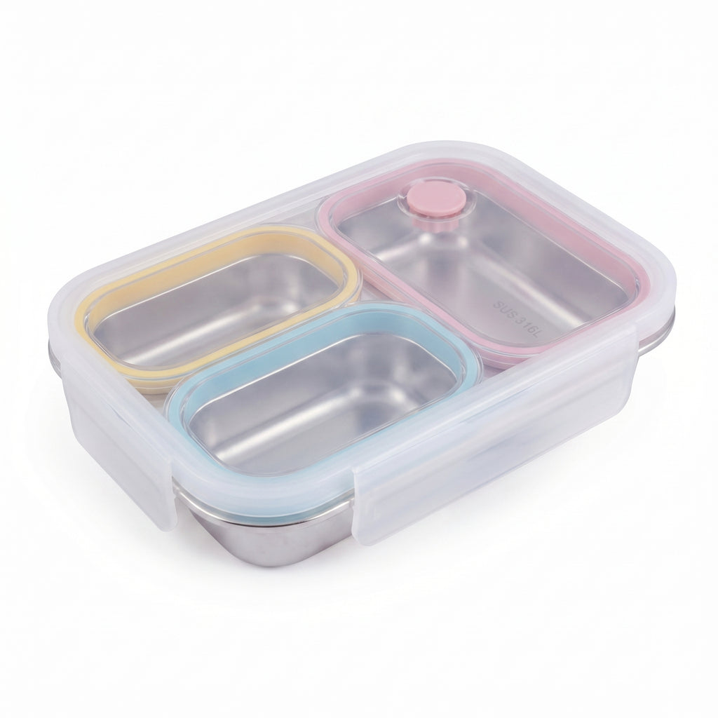 Kids Stainless Steel Bento Box (316) – 3 Compartments, Leakproof Lunch Box with Silicone Seal & Vent Lid