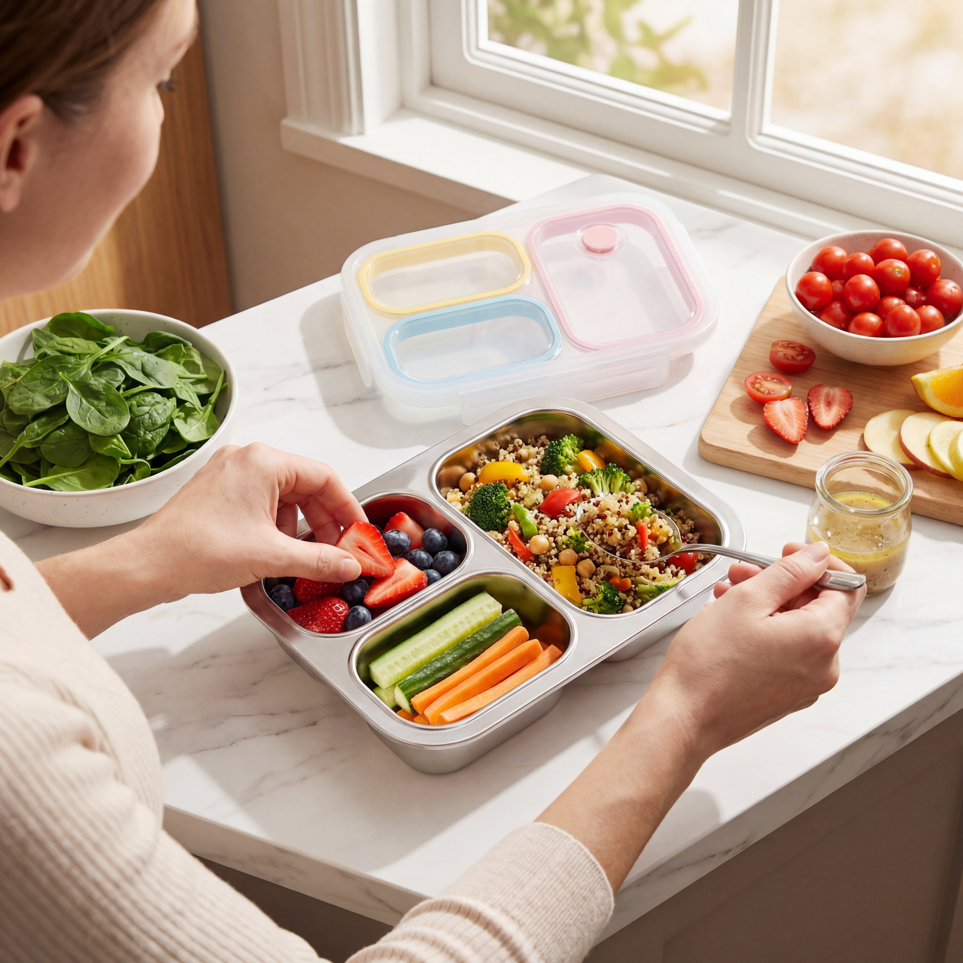 Kids Stainless Steel Bento Box (316) – 3 Compartments, Leakproof Lunch Box with Silicone Seal & Vent Lid