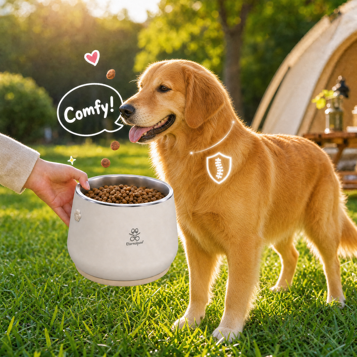 Outdoor elevated Eternalpaw pet bowl scene