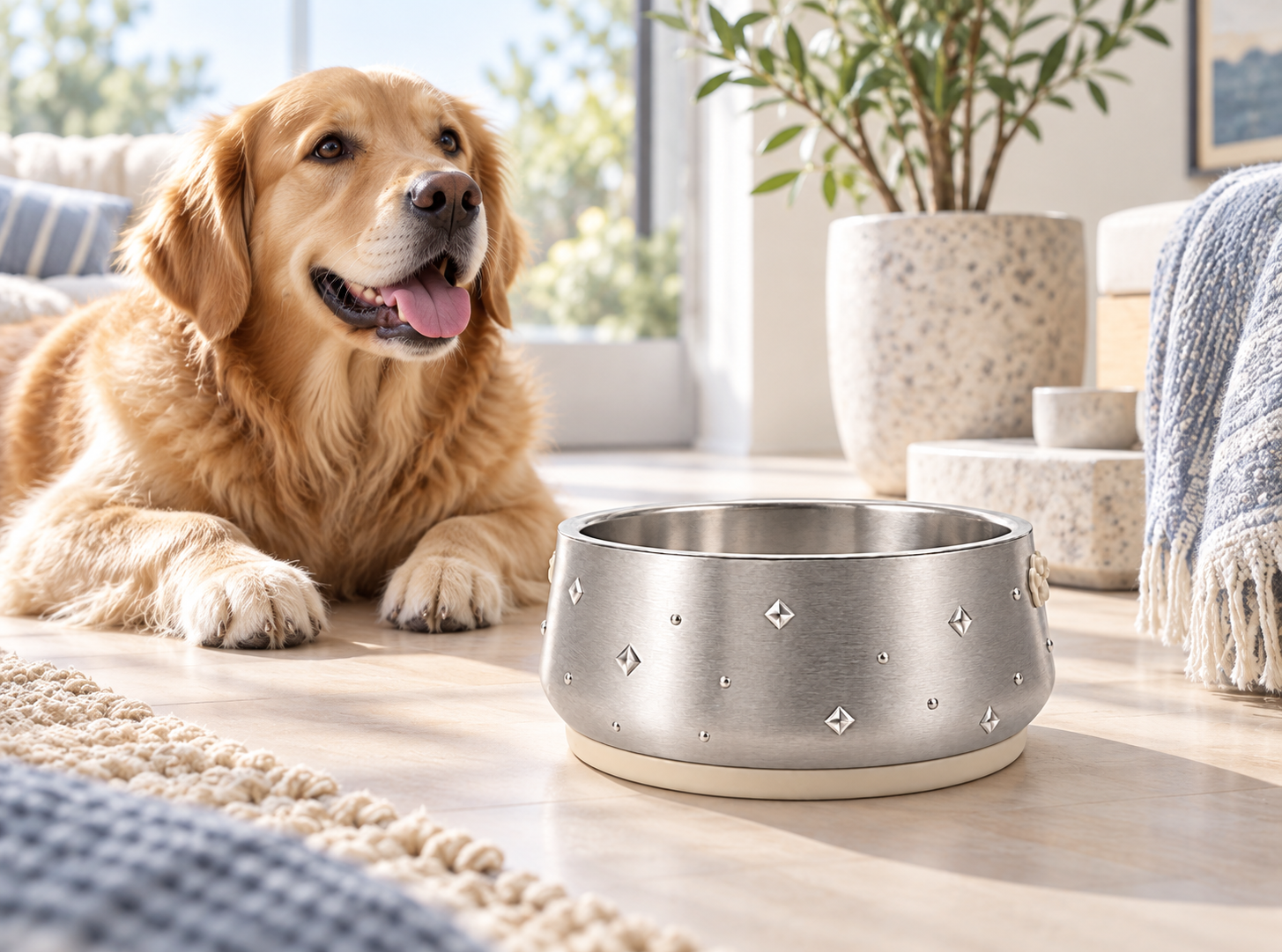Diamond texture Eternalpaw pet bowl in a warm home setting