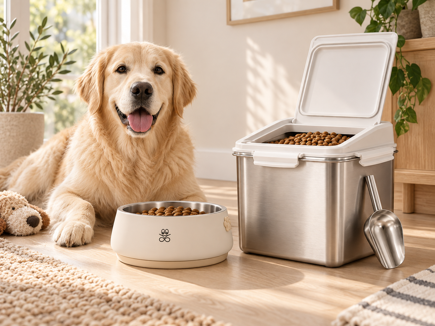 Eternalpaw pet bowl and stainless steel food storage bin in a warm home setting